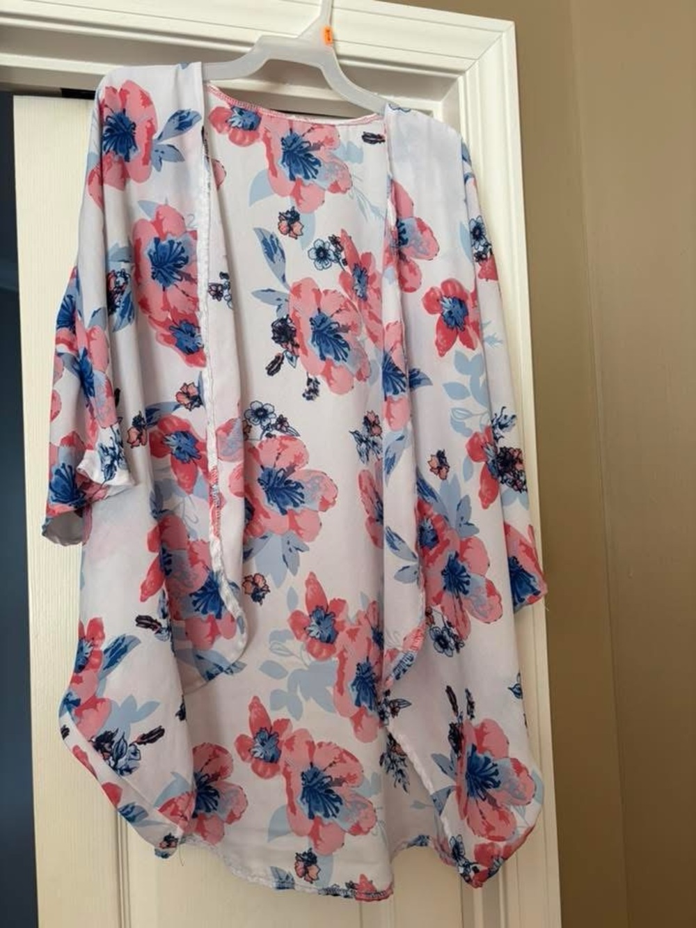 White Floral Kimono Cardigan with Pink & Blue Blooms
